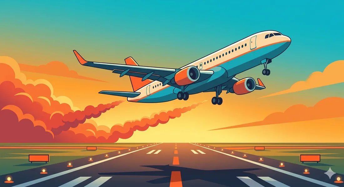 Avión despegando al atardecer con vistas panorámicas del aeropuerto